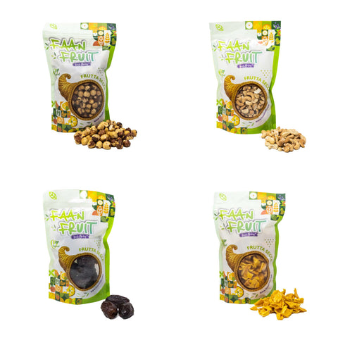 Box degustazione - Nocciole pelate tostate, Anacardi tostati senza sale, Datteri jumbo, Mango al naturale - Faan Fruit